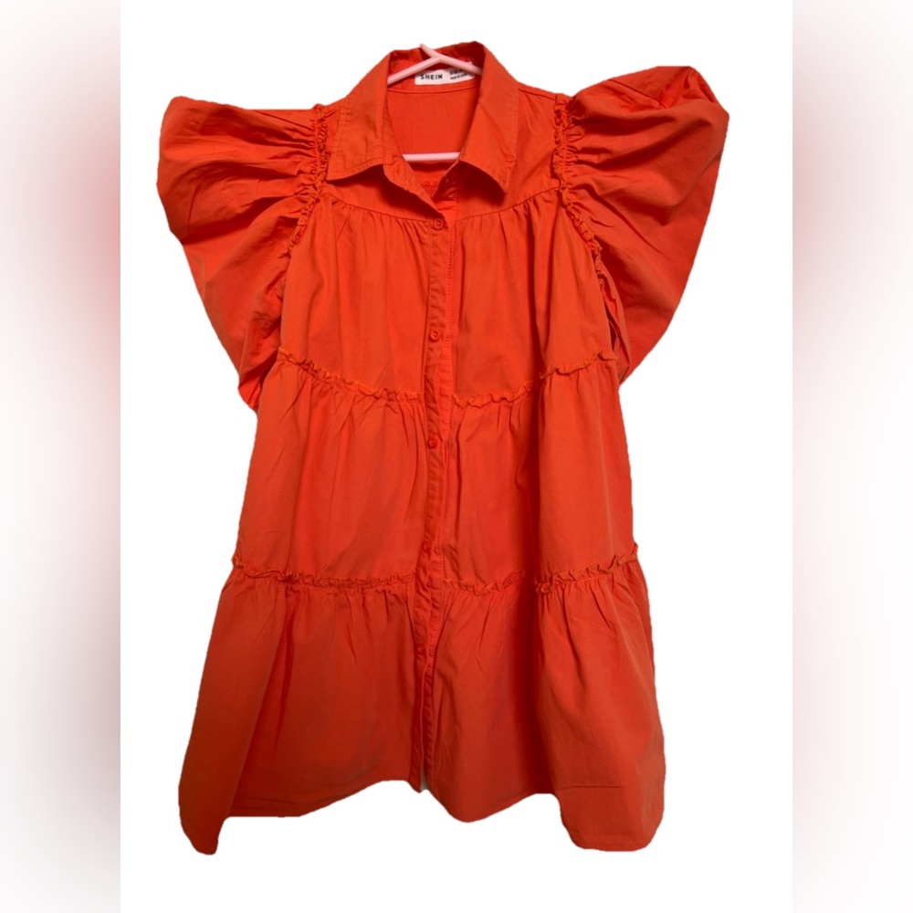 Poplin Ruffles And Bomber Sleeves  Dress For Girls Orange Size 7 100% Cotton